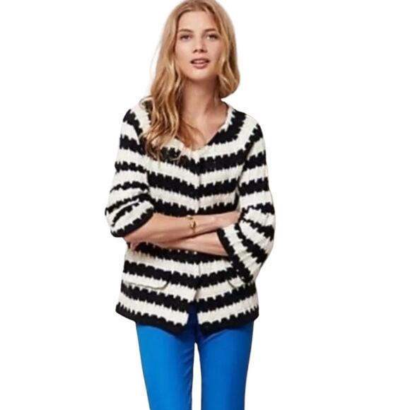 Anthropologie HWR Monogram Spike Striped Cardigan Sweater Small Black White - Picture 2 of 9